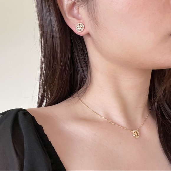 Tory Burch Gold Miller Pave Circle-Stud Earrings - Picture 9 of 14